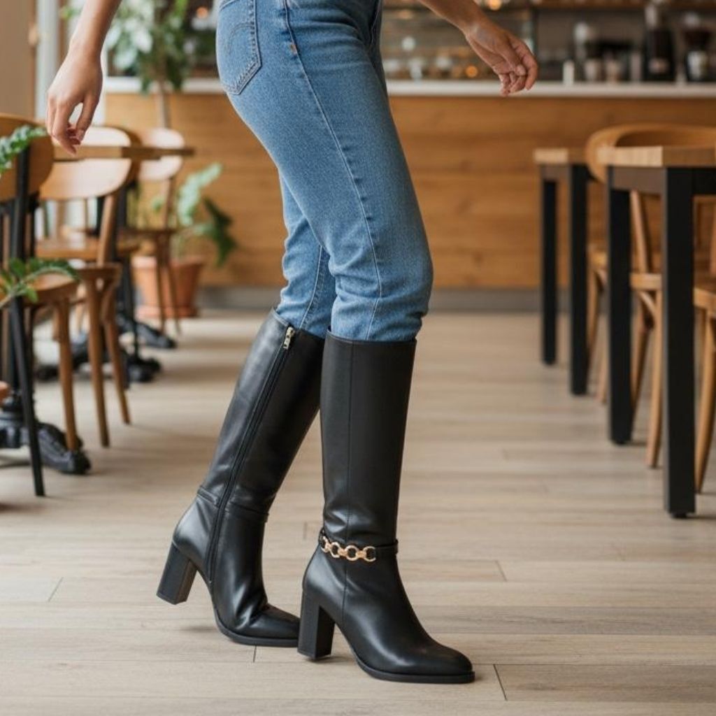Siyah Hakiki Deri Gold Aksesuarlı İçten Fermuarlı Kadın Kalın Topuklu Günlük Şık Çizme