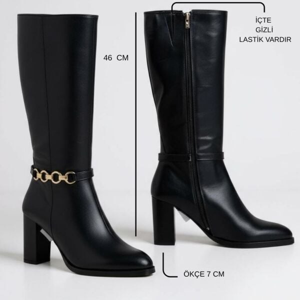 Siyah Hakiki Deri Gold Aksesuarlı İçten Fermuarlı Kadın Kalın Topuklu Günlük Şık Çizme