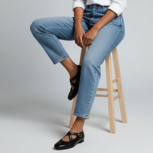 Siyah Hakiki Deri Çapraz Bantlı Kadın Günlük Babet