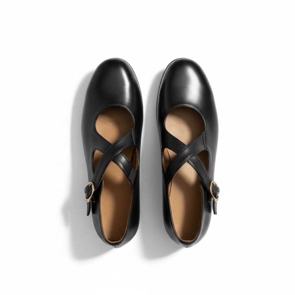 Siyah Hakiki Deri Çapraz Bantlı Kadın Günlük Babet