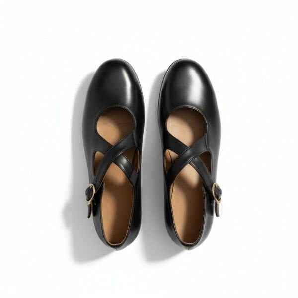 Siyah Hakiki Deri Çapraz Bantlı Kadın Günlük Babet