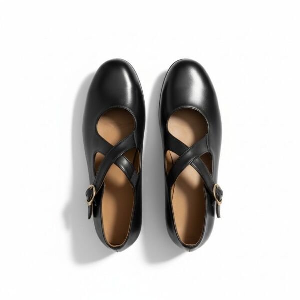 Siyah Hakiki Deri Çapraz Bantlı Kadın Günlük Babet