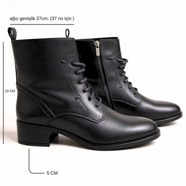 Siyah Deri Bağcıklı İçten Fermuarlı Kadın Topuklu Bot