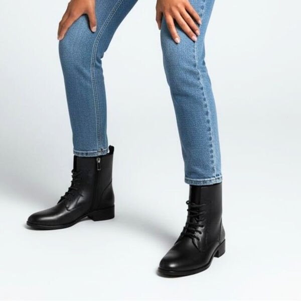 Siyah Deri Bağcıklı İçten Fermuarlı Kadın Topuklu Bot