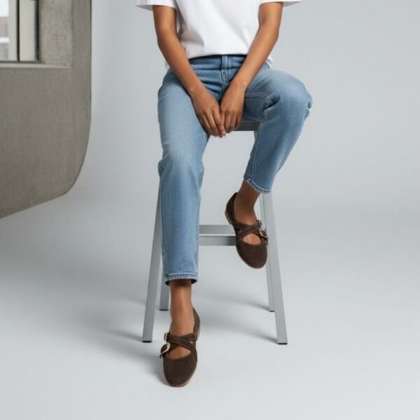 Kahve Süet Hakiki Deri Çapraz Bantlı Aksesuar Detaylı Kadın Yuvarlak Burun Babet