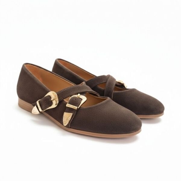 Kahve Süet Hakiki Deri Çapraz Bantlı Aksesuar Detaylı Kadın Yuvarlak Burun Babet