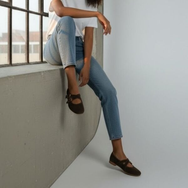 Kahve Süet Hakiki Deri Çapraz Bantlı Aksesuar Detaylı Kadın Yuvarlak Burun Babet