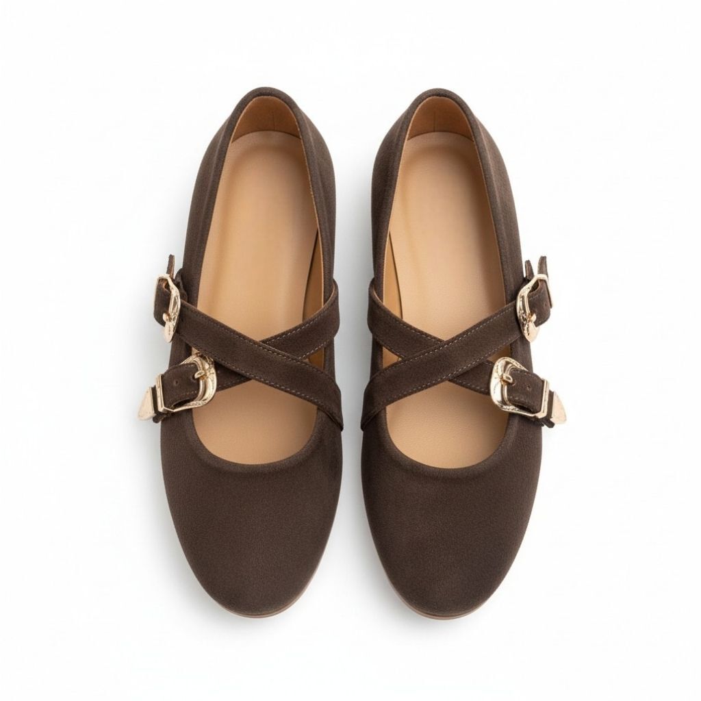 Kahve Süet Hakiki Deri Çapraz Bantlı Aksesuar Detaylı Kadın Yuvarlak Burun Babet