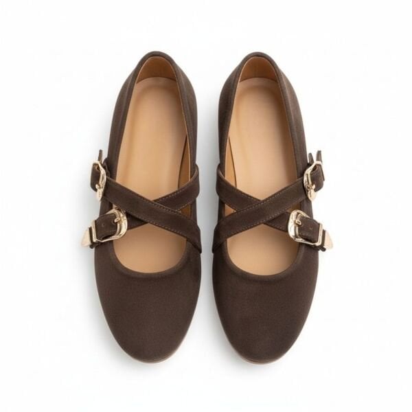 Kahve Süet Hakiki Deri Çapraz Bantlı Aksesuar Detaylı Kadın Yuvarlak Burun Babet