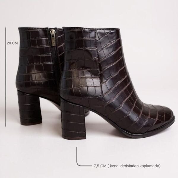 Kahve Kroko İçten Fermuarlı Kadın Kalın Topuklu Bot
