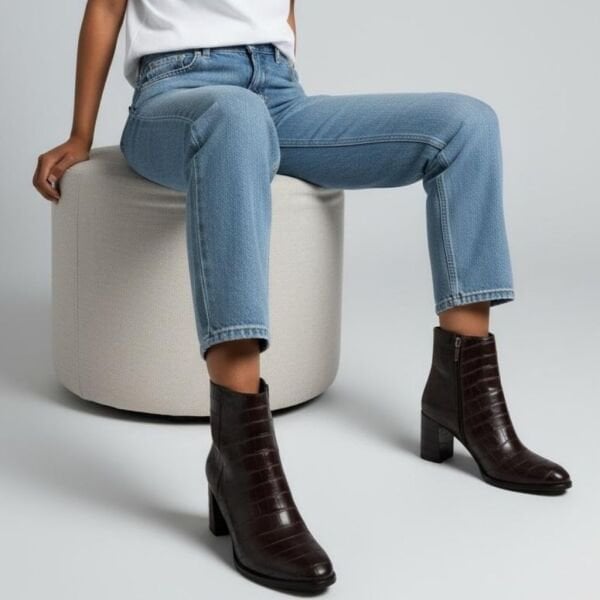 Kahve Kroko İçten Fermuarlı Kadın Kalın Topuklu Bot