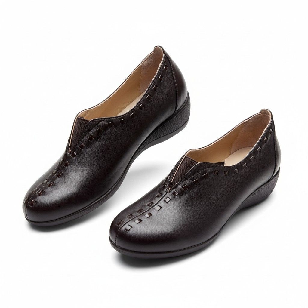 Kahve Deri Ortopedik Biyeli Lastik Detaylı Kadın Klasik Anne Ayakkabısı