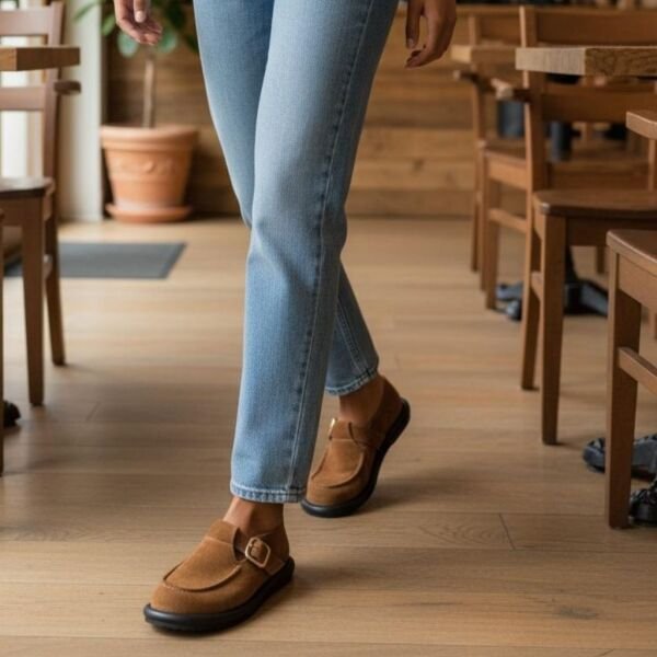 Taba Süet Hakiki Deri Tokalı ve Lastikli Kadın Casual Ayakkabı