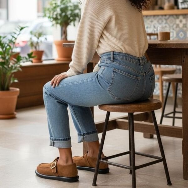 Taba Süet Hakiki Deri Tokalı ve Lastikli Kadın Casual Ayakkabı