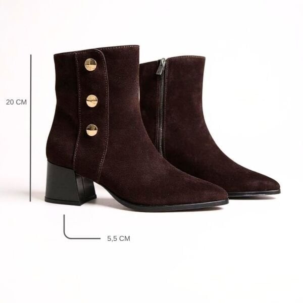 Kahve Süet Hakiki Deri Gold Düğme Detaylı Kadın Sivri Burunlu Bot