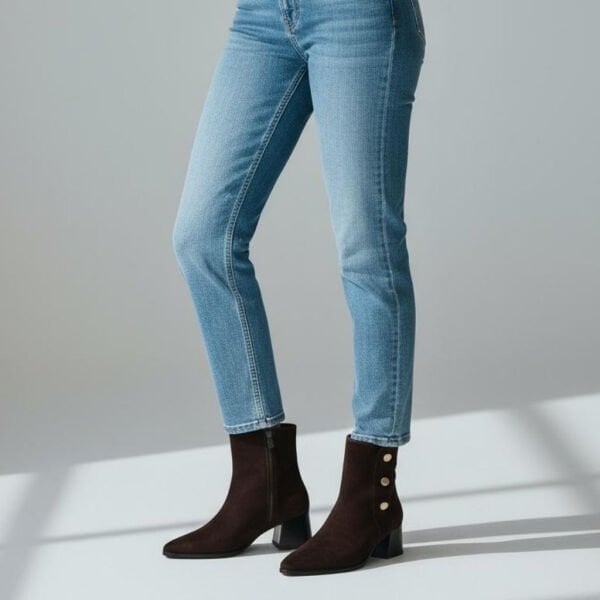 Kahve Süet Hakiki Deri Gold Düğme Detaylı Kadın Sivri Burunlu Bot