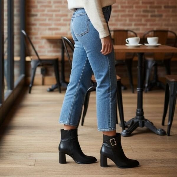 Siyah Hakiki Deri Geniş Tokalı Sivri Burunlu Kadın Kalın Topuklu Bot