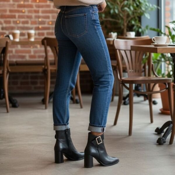 Siyah Hakiki Deri Geniş Tokalı Sivri Burunlu Kadın Kalın Topuklu Bot