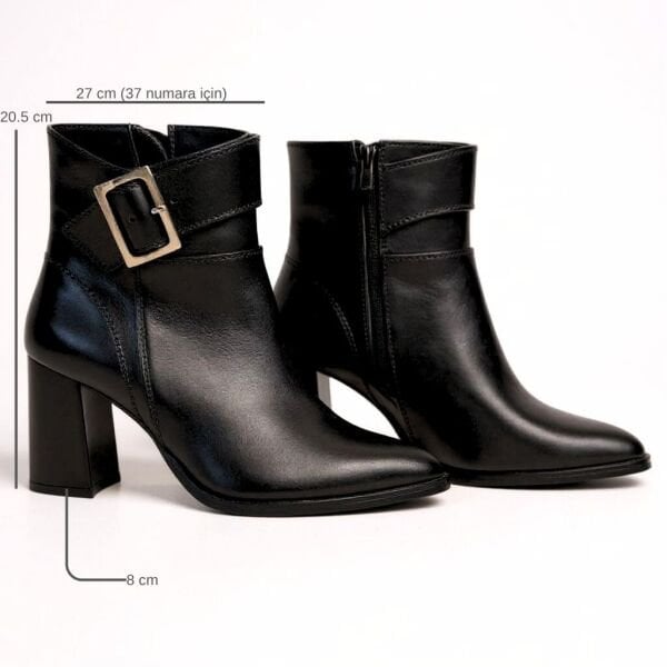 Siyah Hakiki Deri Geniş Tokalı Sivri Burunlu Kadın Kalın Topuklu Bot