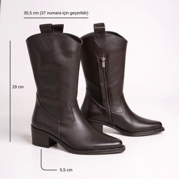 Acı Kahve Taneli Deri İçten Yarım Fermuarlı Orta Topuklu Kadın Western Bot