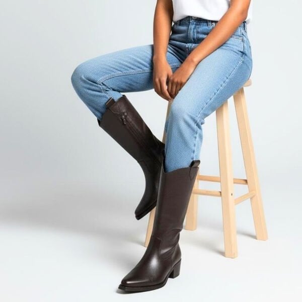 Acı Kahve Taneli Deri İçten Yarım Fermuarlı Orta Topuklu Kadın Western Bot