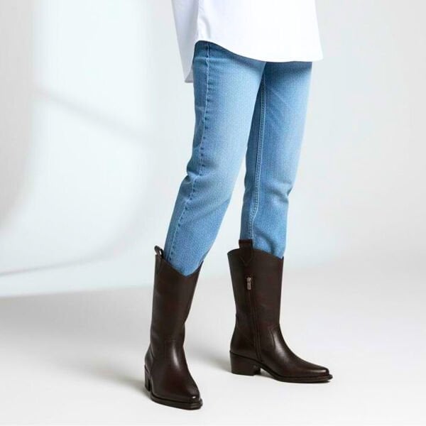 Acı Kahve Taneli Deri İçten Yarım Fermuarlı Orta Topuklu Kadın Western Bot