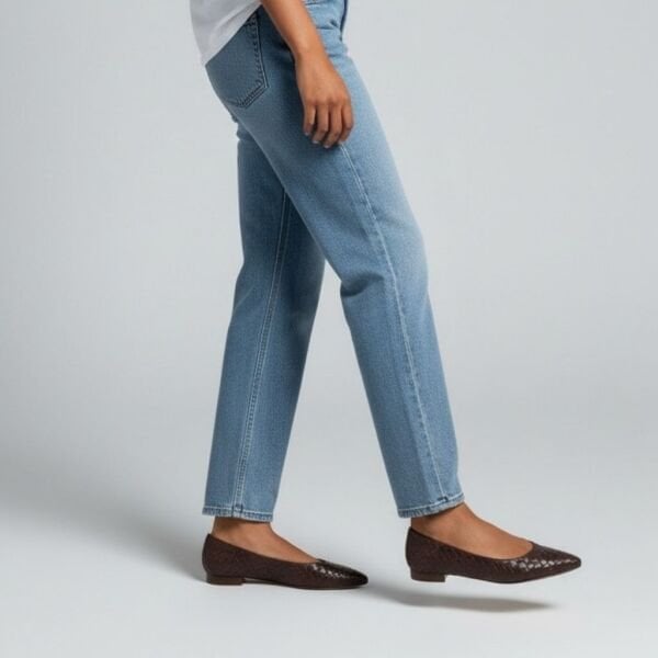 Kahve Hakiki Deri Örgü Detaylı Kadın Sivri Burun Şık ve Rahat Babet