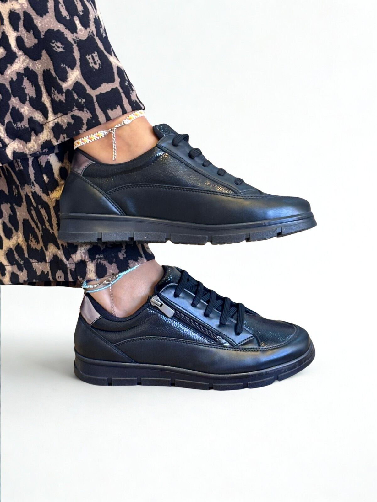 Siyah Deri Fermuarlı Kadın Günlük Rahat Casual Ayakkabı