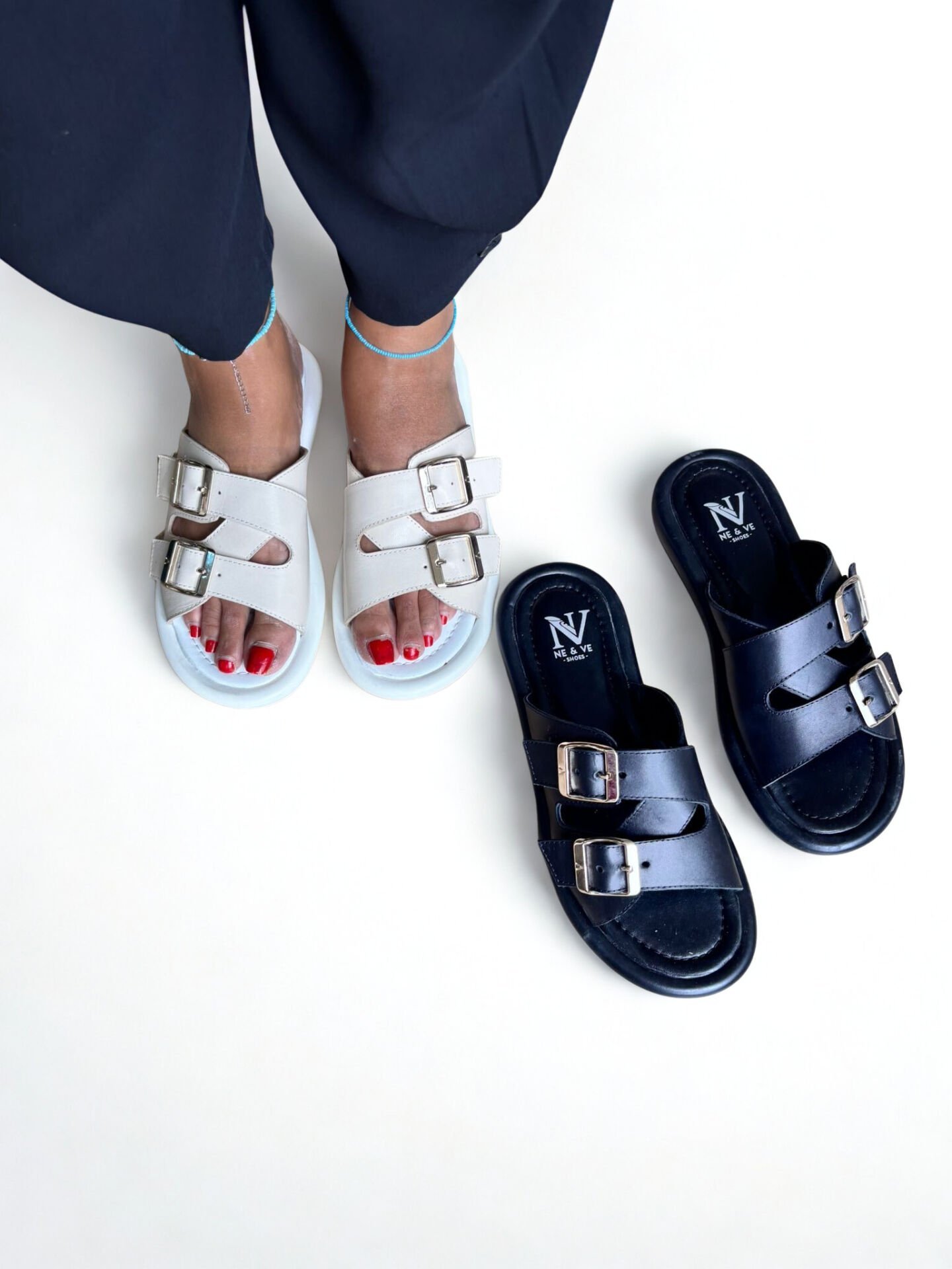 Bej Hakiki Deri Kadın Tokalı Terlik