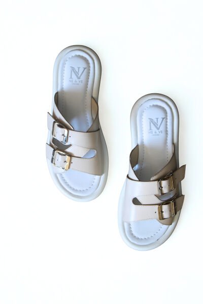 Bej Hakiki Deri Kadın Tokalı Terlik