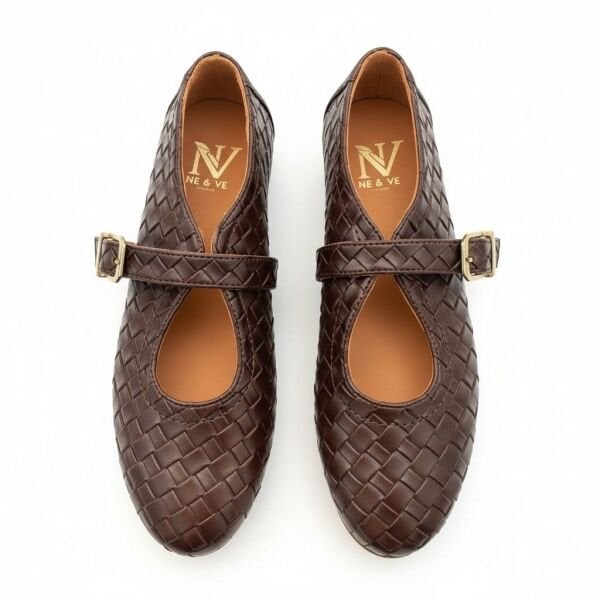 Kahve Hakiki Deri Örgü Detaylı Tokalı Kaddın Yuvarlak Burun Babet