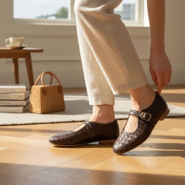 Kahve Hakiki Deri Örgü Detaylı Tokalı Kaddın Yuvarlak Burun Babet