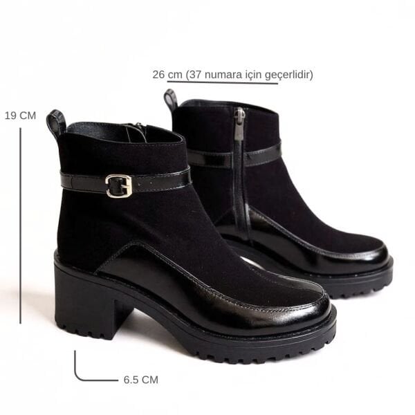 Siyah Süet Hakiki Deri Rugan Garnili Bilekten Atkılı Kadın Kalın Topuklu Bot