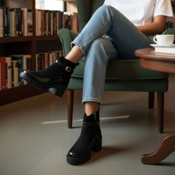 Siyah Süet Hakiki Deri Rugan Garnili Bilekten Atkılı Kadın Kalın Topuklu Bot