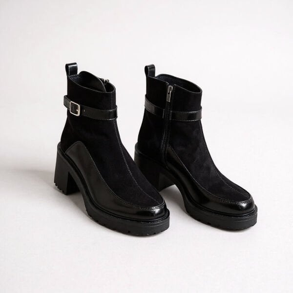 Siyah Süet Hakiki Deri Rugan Garnili Bilekten Atkılı Kadın Kalın Topuklu Bot