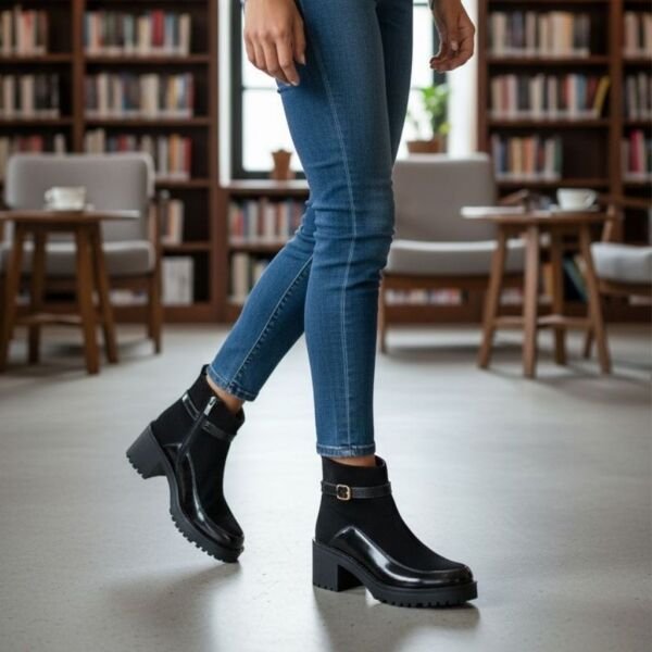 Siyah Süet Hakiki Deri Rugan Garnili Bilekten Atkılı Kadın Kalın Topuklu Bot