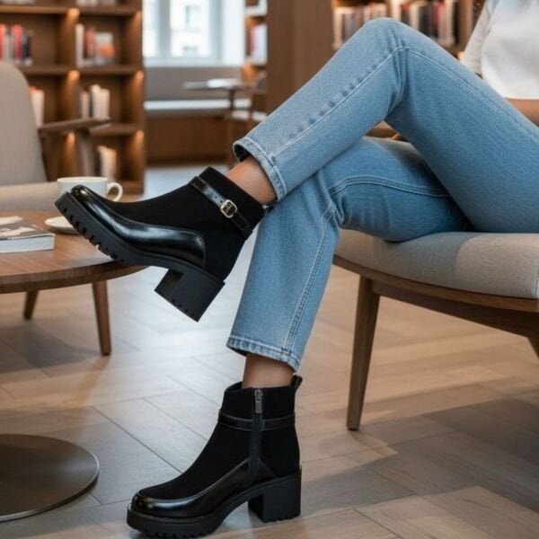 Siyah Süet Hakiki Deri Rugan Garnili Bilekten Atkılı Kadın Kalın Topuklu Bot