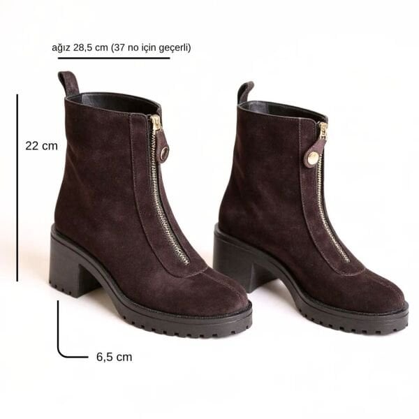 Kahve Süet Hakiki Deri Önden Metal Fermuarlı Kadın Kalın Topuklu Bot