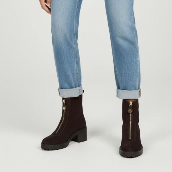 Kahve Süet Hakiki Deri Önden Metal Fermuarlı Kadın Kalın Topuklu Bot