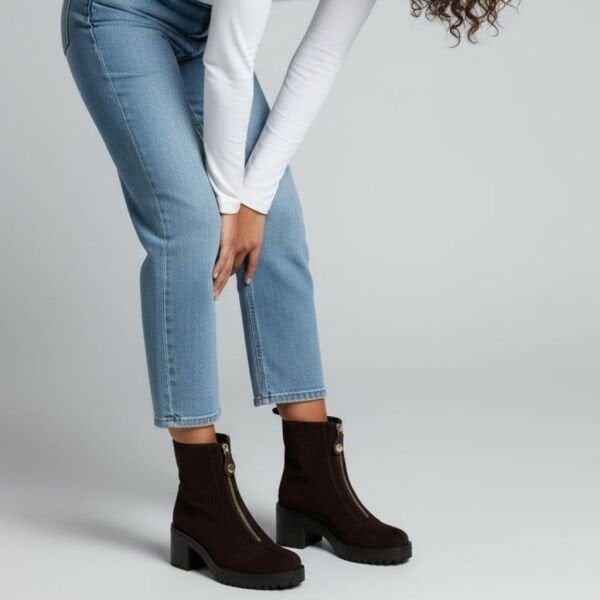 Kahve Süet Hakiki Deri Önden Metal Fermuarlı Kadın Kalın Topuklu Bot