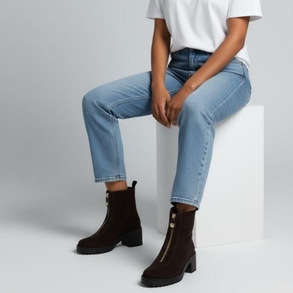 Kahve Süet Hakiki Deri Önden Metal Fermuarlı Kadın Kalın Topuklu Bot