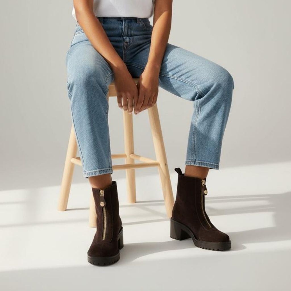 Kahve Süet Hakiki Deri Önden Metal Fermuarlı Kadın Kalın Topuklu Bot