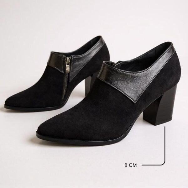 Siyah Süet Hakiki Deri Rugan Detaylı Kadın Kalın Topuklu Bot