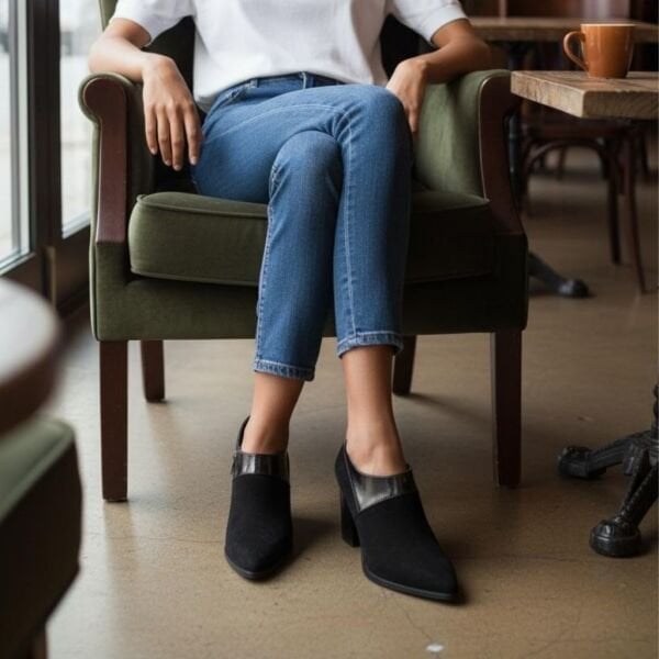 Siyah Süet Hakiki Deri Rugan Detaylı Kadın Kalın Topuklu Bot