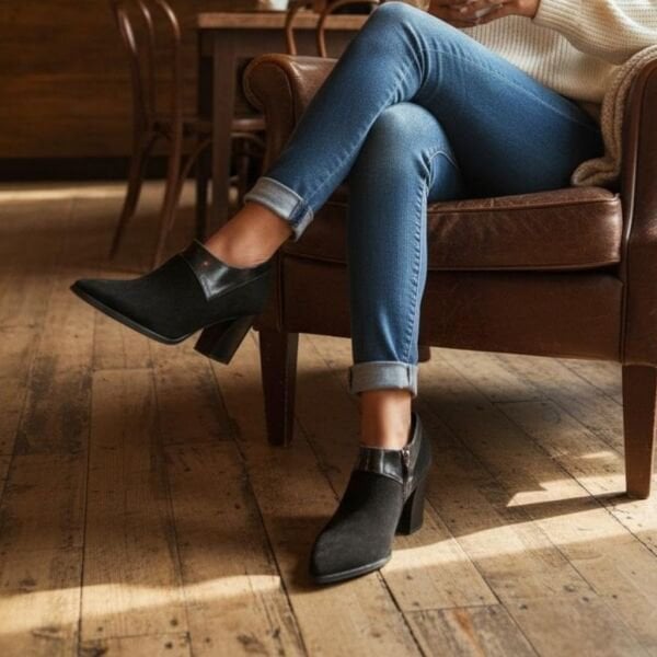 Siyah Süet Hakiki Deri Rugan Detaylı Kadın Kalın Topuklu Bot