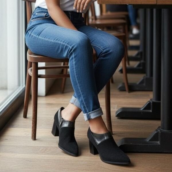 Siyah Süet Hakiki Deri Rugan Detaylı Kadın Kalın Topuklu Bot
