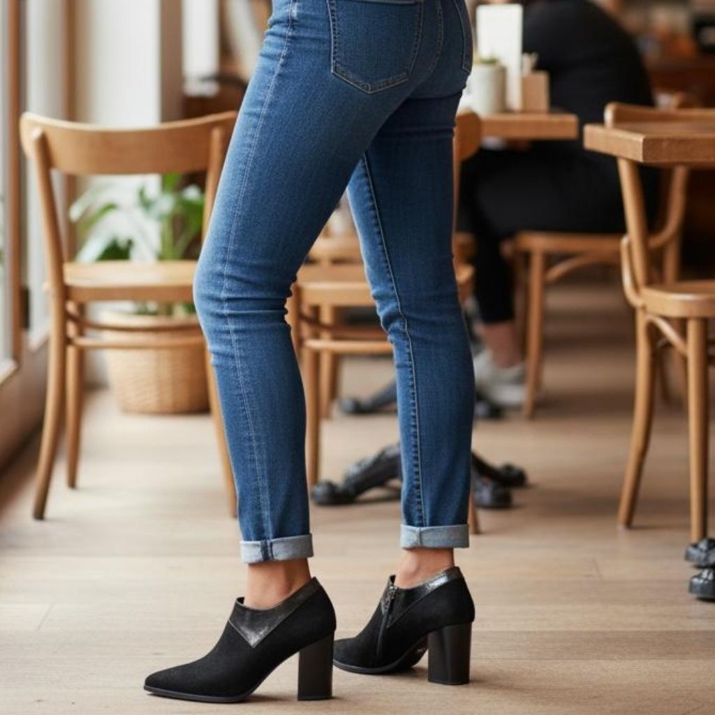 Siyah Süet Hakiki Deri Rugan Detaylı Kadın Kalın Topuklu Bot