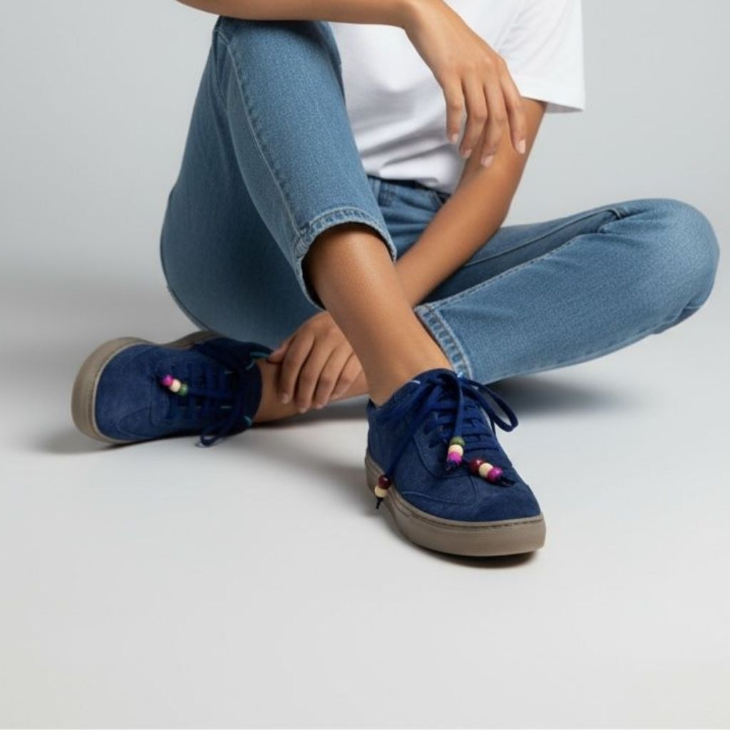 Lacivert Süet Hakiki Deri Bağcıklı Kadın Günlük Sneaker