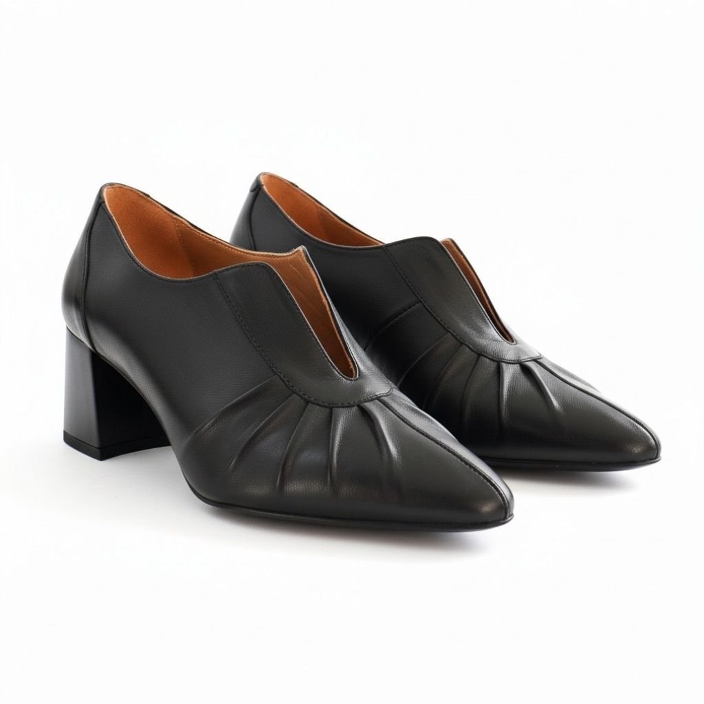 Kahve Deri Pilise Detaylı Kadın Kalın Topuklu Ayakkabı Siyah - 38