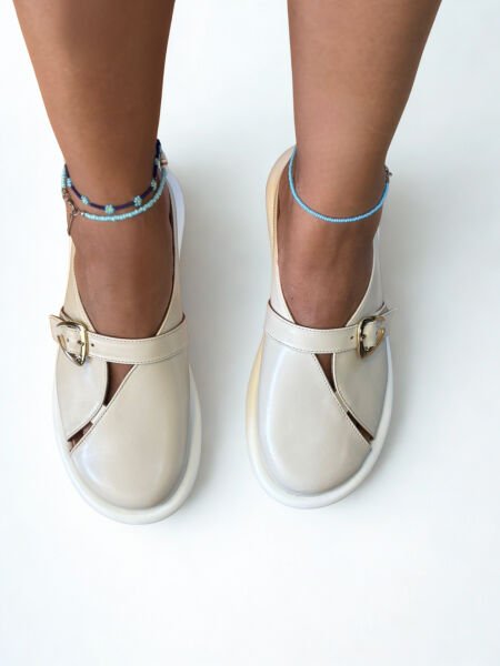 Bej Hakiki Deri Tokalı Kadın Günlük Rahat Sabo Terlik